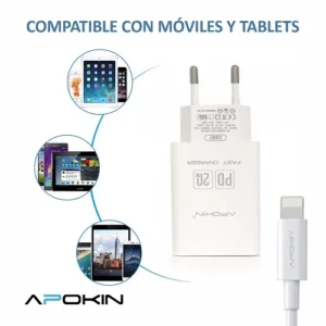 Cargador de Carga Rapida 20W 3.1 Q.C Hembra Tipo-C + Cable Lighting APOKIN - Blanco - Imagen 3