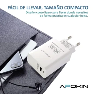 Cargador de Carga Rapida 20W 3.1 Q.C Hembra Tipo-C + Cable Lighting APOKIN - Blanco - Imagen 4