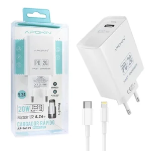 Cargador de Carga Rapida 20W 3.1 Q.C Hembra Tipo-C + Cable Lighting APOKIN - Blanco - Imagen 7
