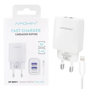 Cargador Doble USB-A 2.4 A Cable Lightning APOKIN PC913Y - Blanco - Imagen 3