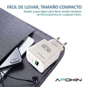 Cargador Rapido Entrada 18w 3.0 USB-A 3.1A Sin Cable APOKIN - Blanco - Imagen 4