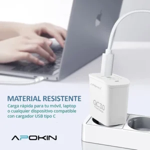 Cargador Rapido Entrada 18w 3.0 USB-A 3.1A Sin Cable APOKIN - Blanco - Imagen 6