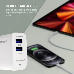 Cargador Rapido Red Entrada Doble 3.0 USB-A 2.4A Sin Cable APOKIN - Blanco - Imagen 5