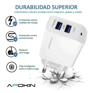 Cargador Rapido Red Entrada Doble 3.0 USB-A 2.4A Sin Cable APOKIN - Blanco - Imagen 8
