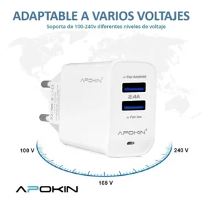 Cargador Rapido Red Entrada Doble 3.0 USBA 2.4A Lightning APOKIN - Blanco - Imagen 3