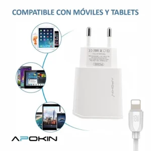 Cargador Rapido Red Entrada Doble 3.0 USBA 2.4A Lightning APOKIN - Blanco - Imagen 4