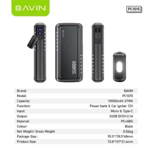 Power Bank Con Bateria Arrancadora de Coche Emergencia 10.000mha PC1015S Bavin - Imagen 3