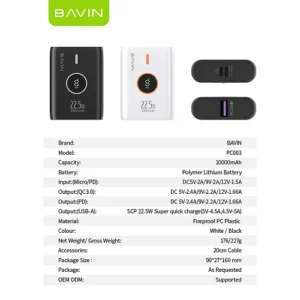 Power Bank Largo Tipo-C Carga Rapida 10.000mha 22.5w Bavin - Imagen 8