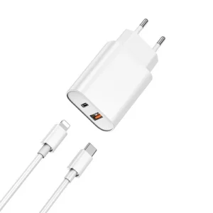 WIWU Cargador Quick PD Tipo-C + USB A Con Cable Lightning 3A 20W U0002 Blanco - Imagen 3