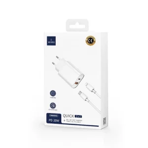 WIWU Cargador Quick PD Tipo-C + USB A Con Cable Lightning 3A 20W U0002 Blanco - Imagen 4